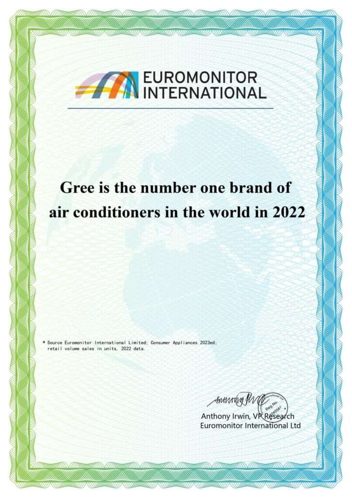 Euromonitor International - Gree is the number one brand of air conditioners in the world in 2022